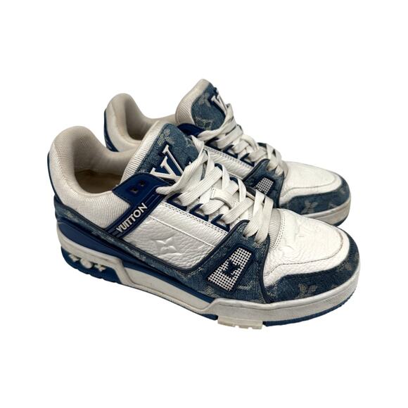 Louis Vuitton Leather Denim Monogram LV Trainer Sneaker Blue White Size 3.5 - Picture 6 of 16